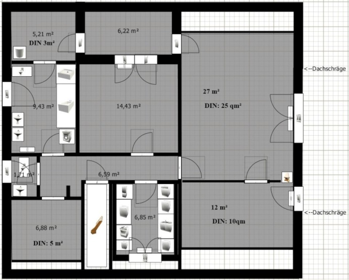 Grundriss, Quadratmeterangaben jeweils Grundfläche und bei Dachschrägen "DIN-Angabe" (als Abzüge für Dachschrägen eingerechnet)