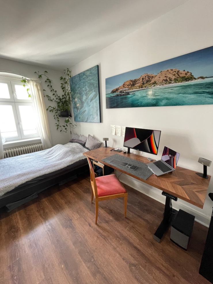 large desk for working or studying + full size bed