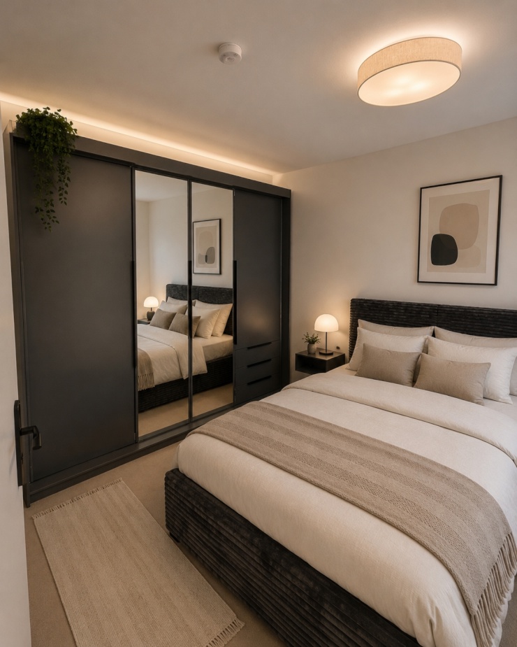 Schlafzimmer mit großem Schrank und 1,80 Boxspringbett