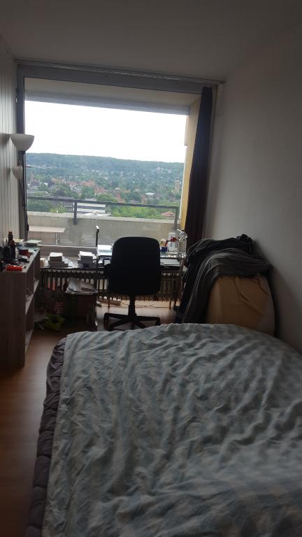 WG-Zimmer Innenstadt DIREKT NEBEN UNI, Weender Tor - older foto - but nice view, Glasschreibtisch, Bürodrehstuhl, grandiose Aussicht, Balkon, XXL-Bett, ovales Rundsofa (rechts hochkant)