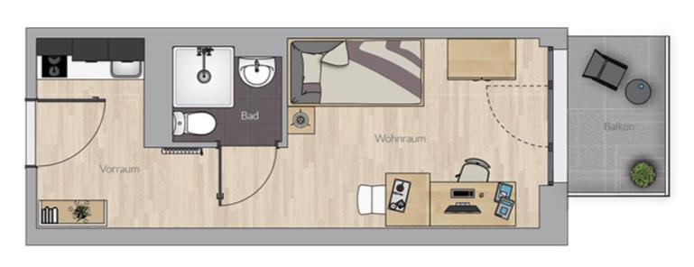 1-Zimmer-Wohnung Planegg/ Martinsried Lochhamerstraße 7 - Grundriss / Möbliertes Apartment ca. 22qm
