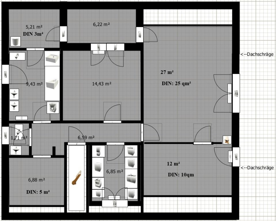 WG-Zimmer Bruck Äußere Tennenloher Straße 46 - Grundriss, Quadratmeterangaben jeweils Grundfläche und bei Dachschrägen "DIN-Angabe" (als Abzüge für Dachschrägen eingerechnet)