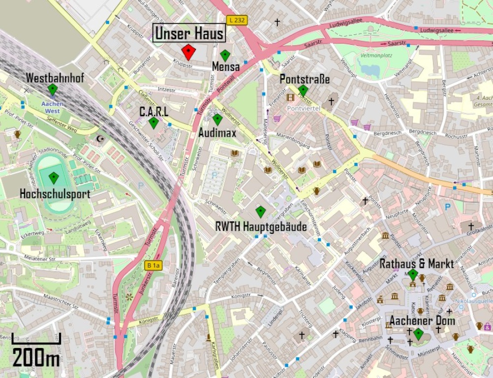 WG-Zimmer Aachen Kruppstraße 10 - Die Lage unseres Hauses ist sehr zentral. Die wichtigsten Unigebäude, der Westbahnhof und das Stadtzentrum sind in wenigen Gehminuten erreichbar.