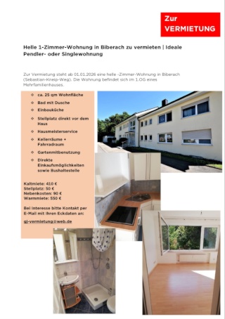 Imagen del anuncio: Schöne, helle 1-Zimmer-Wohnung in Biberach