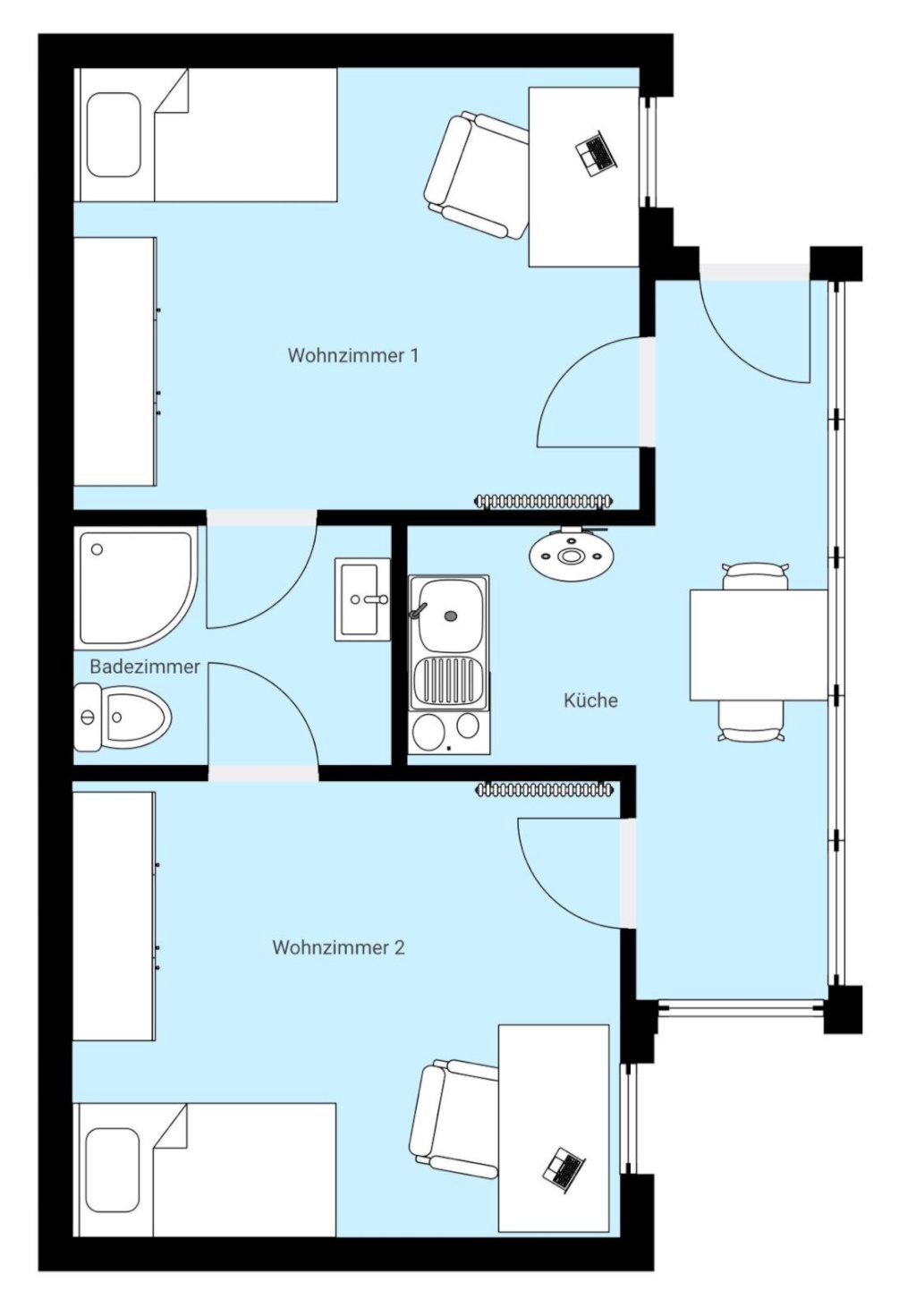 WG-Zimmer Innenstadt Friedrichstraße 41 - Plan über die Anlage der beiden Wohnungen mit gemeinsam genutztem Bad und Küchenbereich