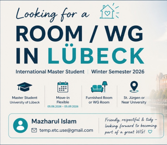 Imagen del anuncio: International Master's Student Looking for a Room in Lübeck (from September 2026)