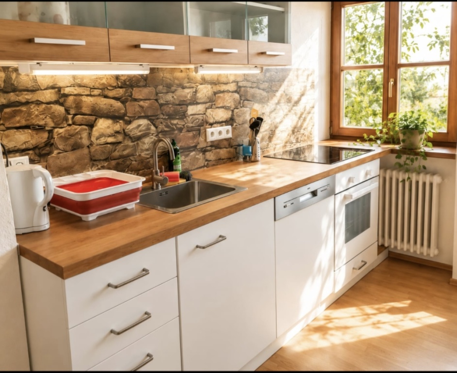 1 Room Flat Dürnast Alberskircher Straße  3/ 1 - Gemeinsame Küche mit Spühlmaschine, Herd, Backofen, Mikrowelle, Toaster, Wasserkocher, Geschirr, Töpfe, Gläser, Besteck, (eigener Kühlschrank ist im Zimmer.)
