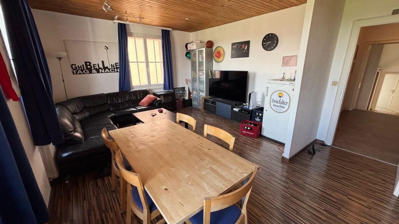 Habitación en WG Nord Birkenwaldstrasse 40 - Gemeinschaftliches Wohnzimmer – mit Sofaecke, Esstisch und TV.