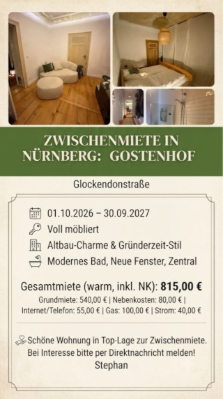 Schöne 2-Zimmer-Altbauwohnung in Nürnberg-Gostenhof zur Zwischenmiete (01.10.2026 – 30.09.2027)