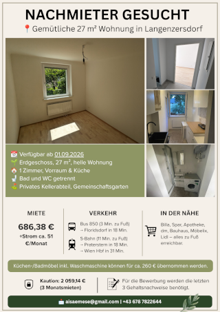 Imagen del anuncio: Nachmieter gesucht: Gemütliche 27 m2 Wohnung in Langenzersdorf (Nähe Floridsdorf)