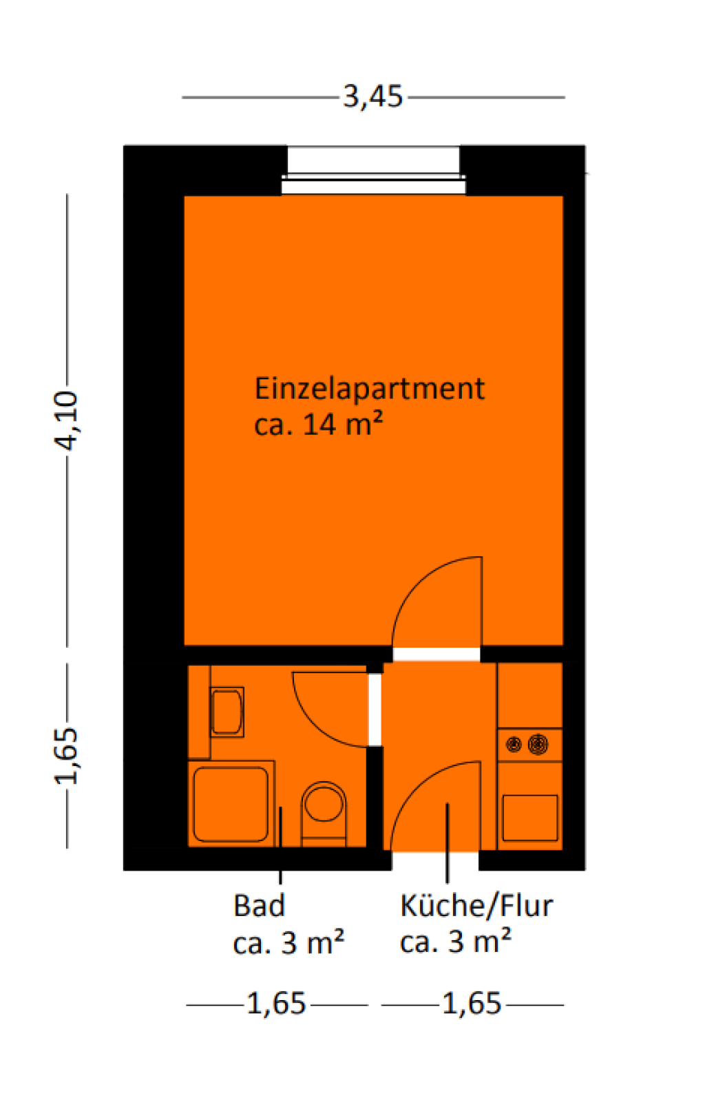 1-Zimmer-Wohnung Karlshorst Aristotelessteig 12 - Grundriss der Wohnung (Studierendenwerk Berlin)