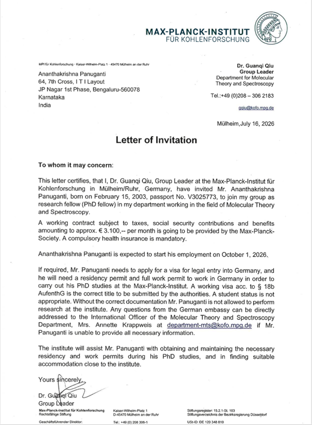 Mein Beschäftigungsnachweis am MPI für Kohlenforschung