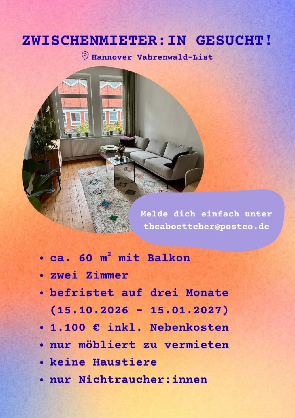 Zwischenmiete 60 qm - Mitte Oktober 26 bis Mitte Januar 27