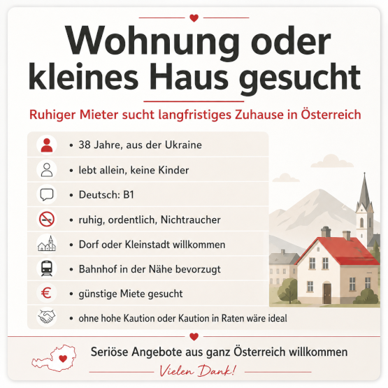 Anzeigenbild: Ruhiger Mieter sucht kleine Wohnung in ganz Kärnten – auch ländlich