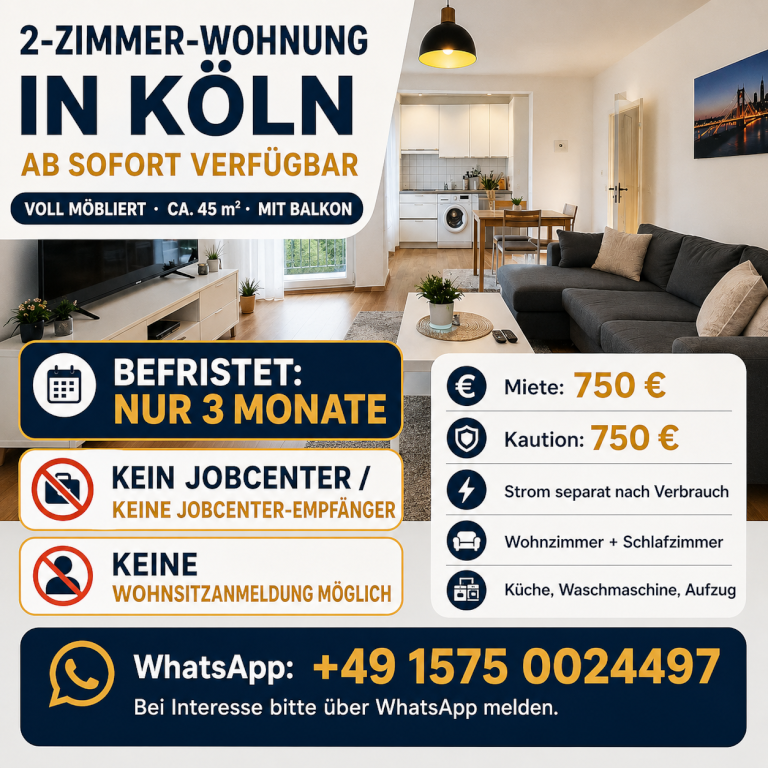 🏠 Voll möblierte 2-Zimmer-Wohnung in Köln zur Untermiete – ab sofort verfügbar