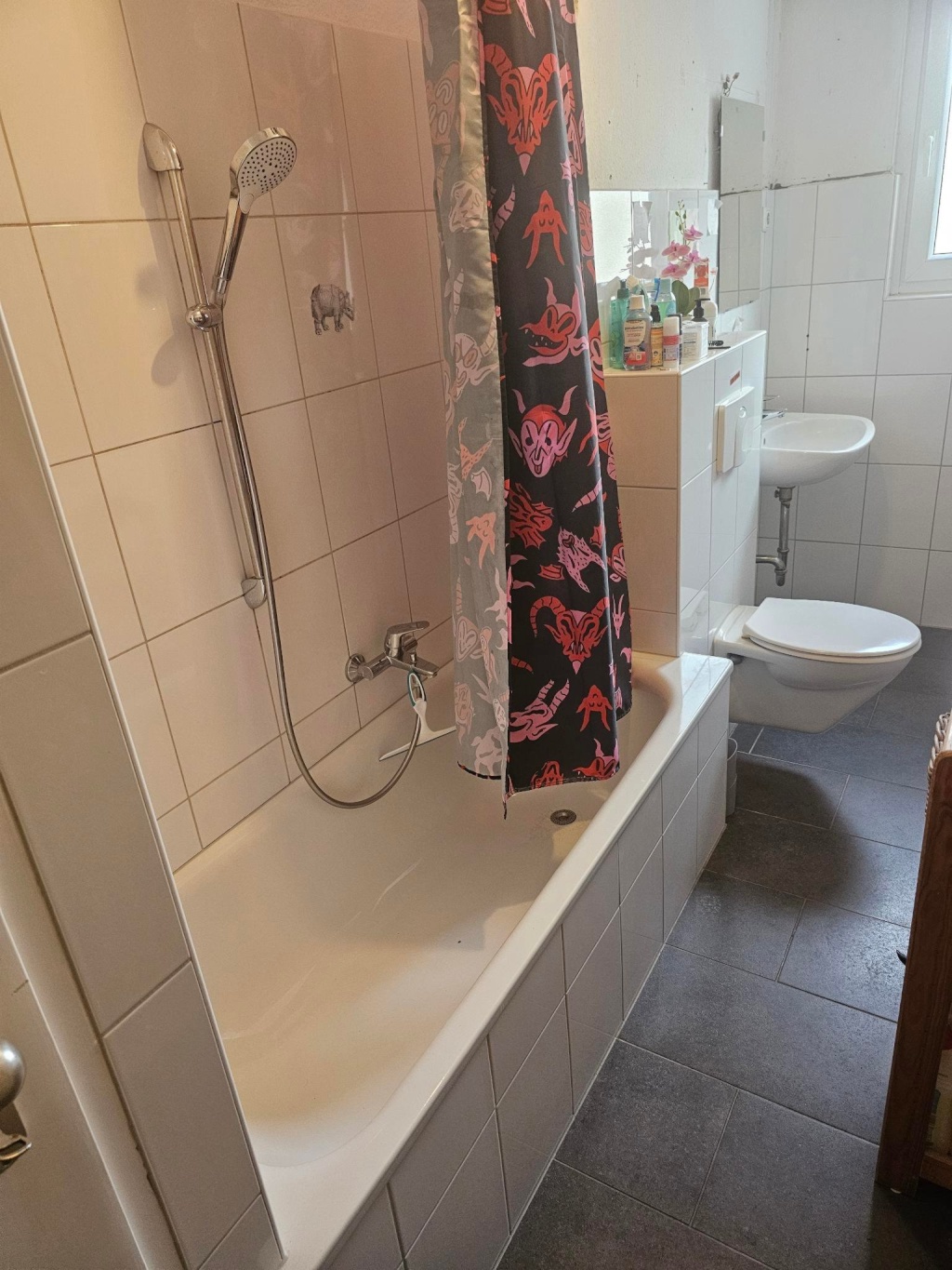 WG-Zimmer Mitte Saalbaustraße 42 - Ein Foto vom Badezimmer, das von der Badtür aus aufgenommen wurde. Zu sehen sind auf der linken Seite die Badewanne, die Toilette und - ganz hinten - das Waschbecken