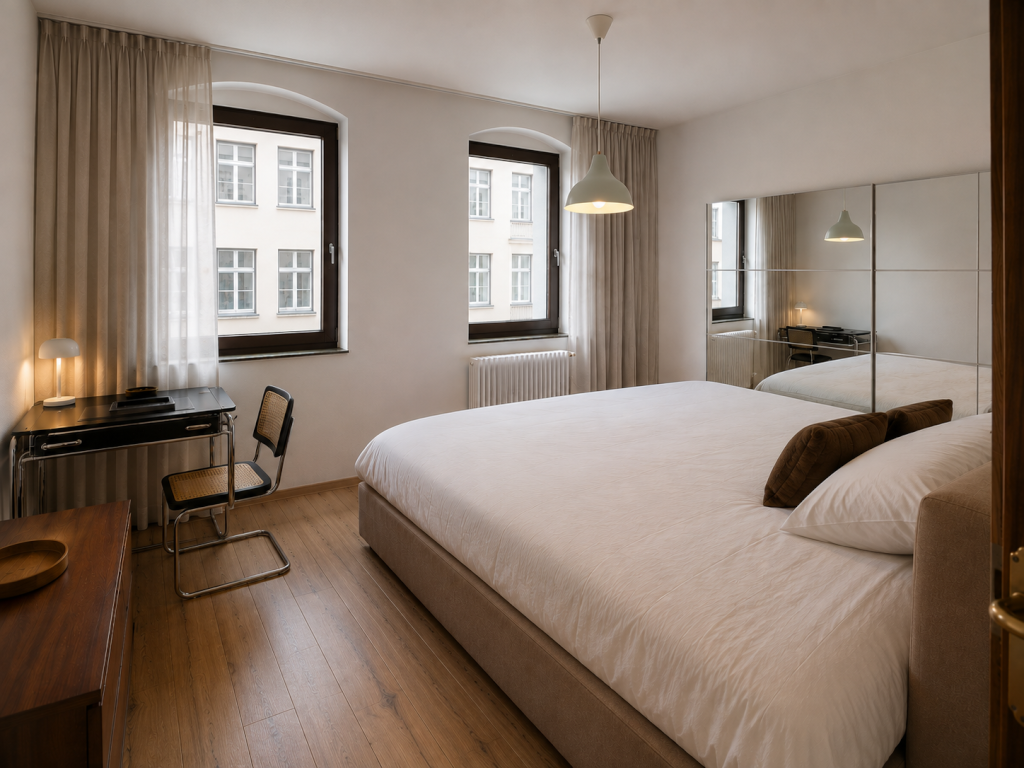 Flat Rummelsburg Lückstraße 2 - Schlafzimmer mit Pax Spiegelschrank und Schreibtisch