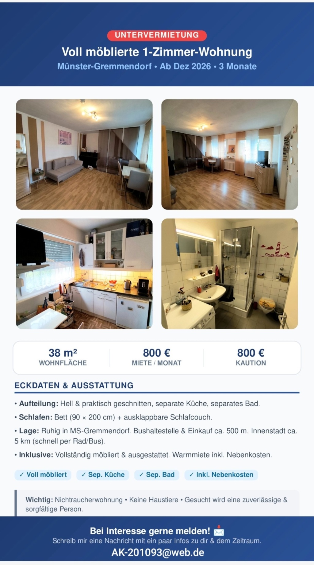 Untervermietung ab Dezember/3 Monate – 48167 Münster Gremmendorf – Vorschaubild 5