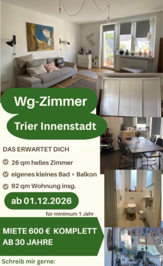 Anzeigenbild: 26 qm WG-Zimmer mit Balkon in Trier Innenstadt | ab 1.12. | m/w/d