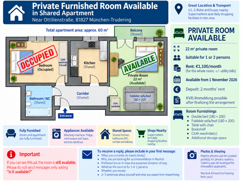 Private furnished room available in München-Trudering from 1 November 2026