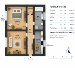 Anzeigenbild: 64 m2 möblierte 2-Zimmer-Wohnung – WG-Neugründung möglich – Halle Süd