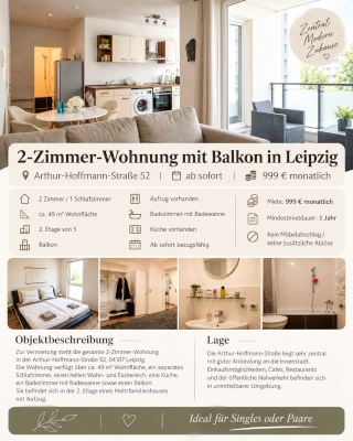 2-Zimmer-Wohnung mit Balkon in Leipzig | Arthur-Hoffmann-Straße 52 | ab sofort | 999 €